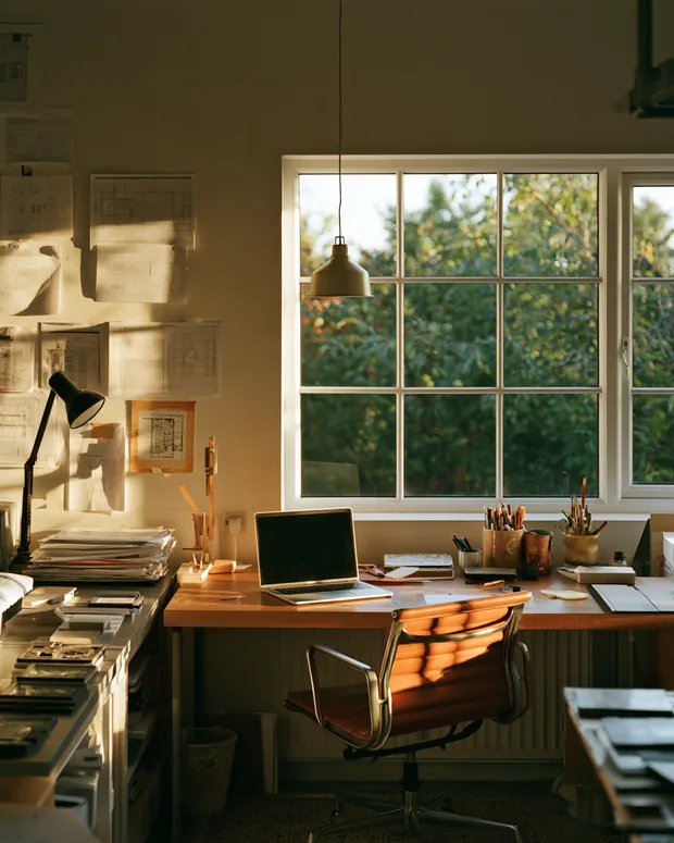 A small engineering workshop office with drawings pinned to the wall