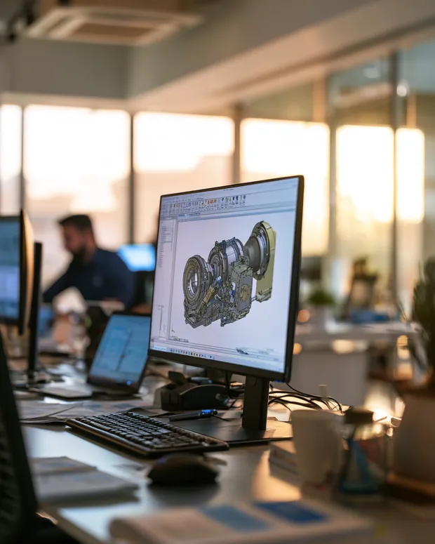 A CAD workstation showing a three-dimensional mechanical assembly