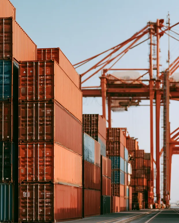 Stacked shipping containers and a gantry crane at a container port
