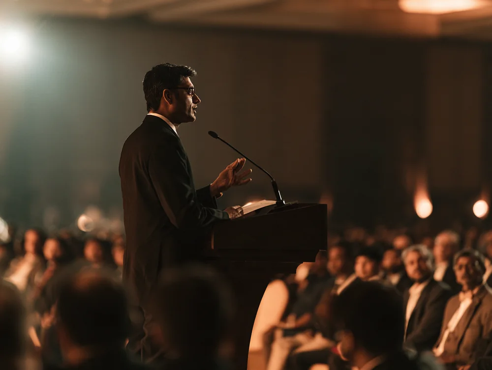 A speaker addressing a seated audience at a forum event