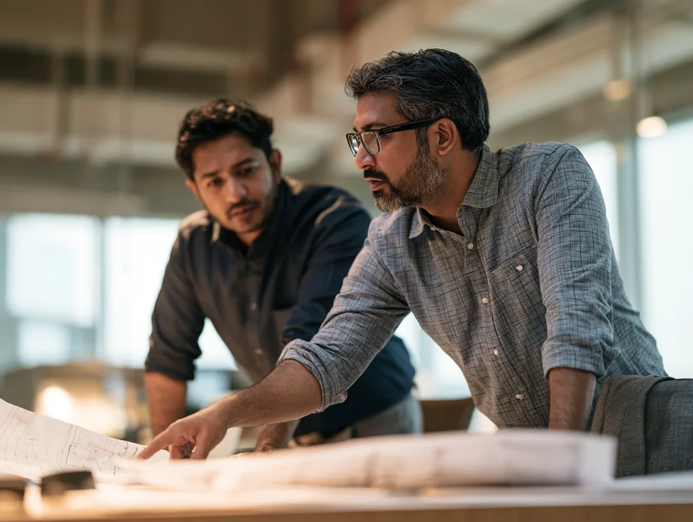 Two engineers working through technical drawings together in a Doha office
